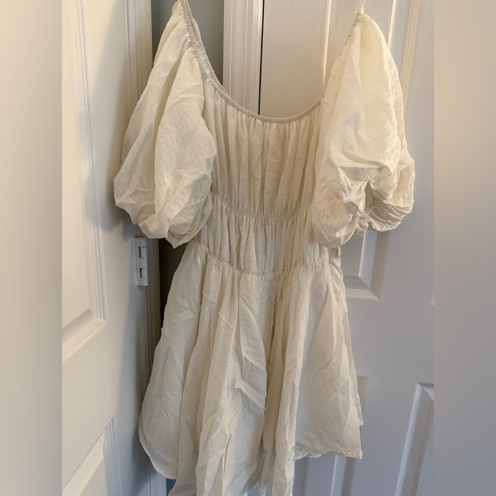 White Ruffled Puff Sleeve Dress